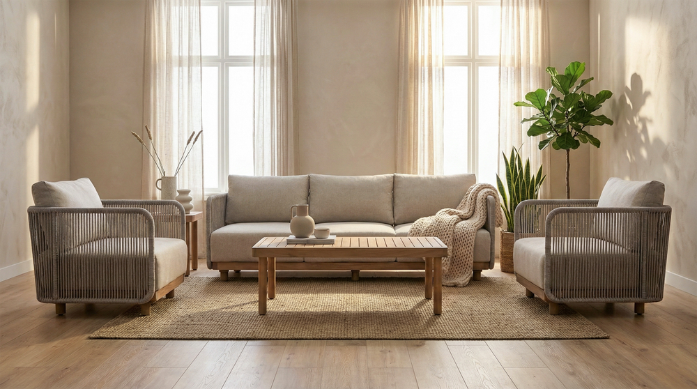 Набор мебели Берта арт.GS080 серый, бежевый (стол+2кресла, диван, серый, подушки бежевые) "Garden story"