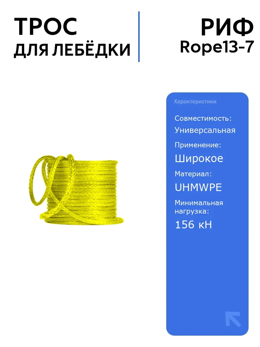 Синтетический трос для лебёдки РИФ 13 мм/7 м, легкий и прочный, для безопасного использования, идеален для автоаксессуаров