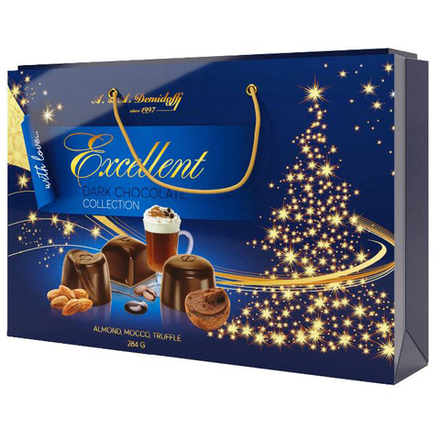 Ассорти конфет Demidoff из темного шоколада с начинками (трюфель, миндаль, мокко) НГ в сумке 284г