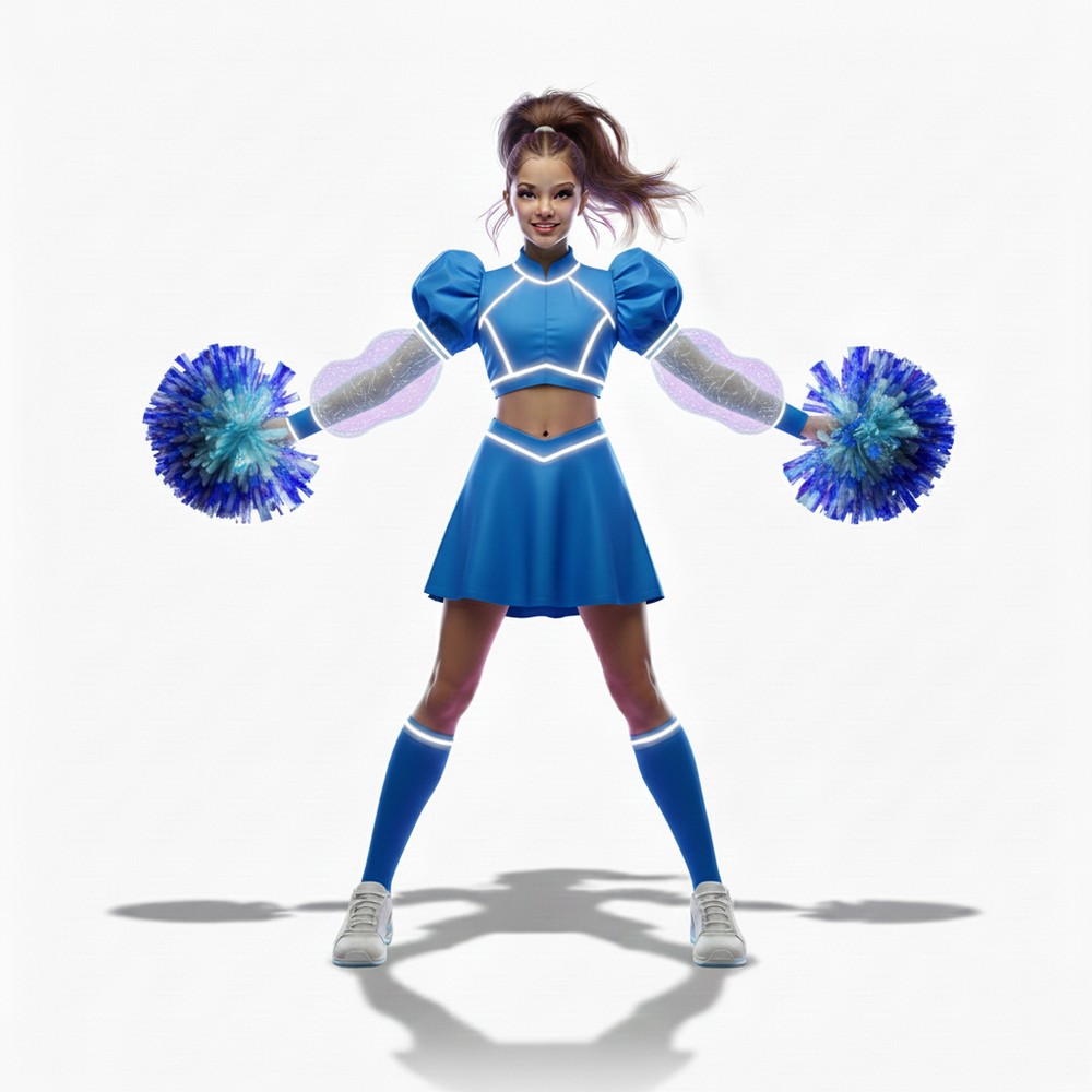 Костюм для чирлидинга синий с белым со светящимися вставками