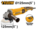 Угловая шлифовальная машина (УШМ) c регулировкой оборотов INGCO AG1100385 INDUSTRIAL 125 мм 1,1 кВт