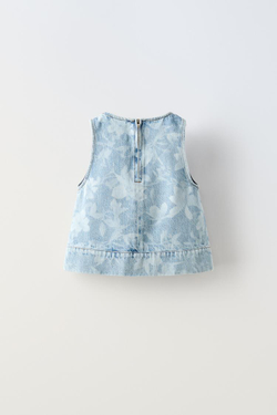 ZARA ДЖИНСОВЫЙ ТОП С ЦВЕТОЧНЫМ УЗОРОМ, СИНИЙ
