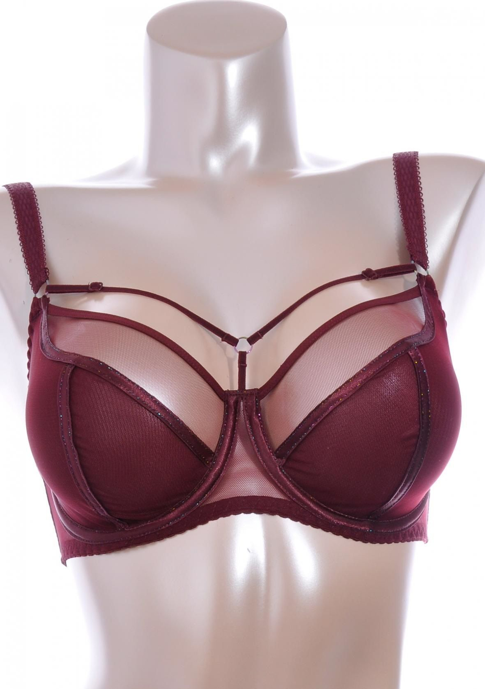 Бордовый бюстгальтер на косточках plus size с декоративными бретелями (Размер: 105F) (Цвет: бордовый)