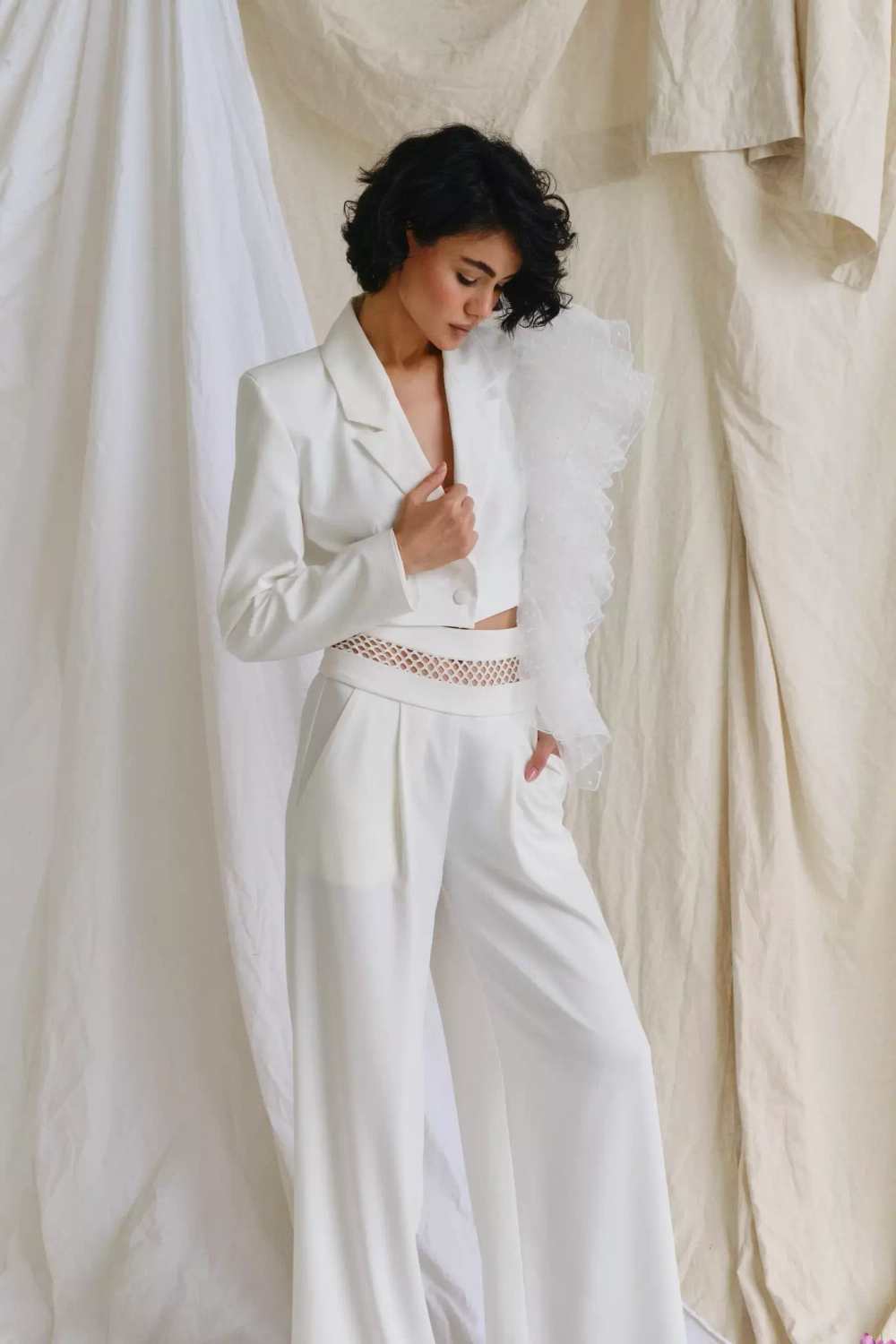 Брюки-палаццо с сеткой белые