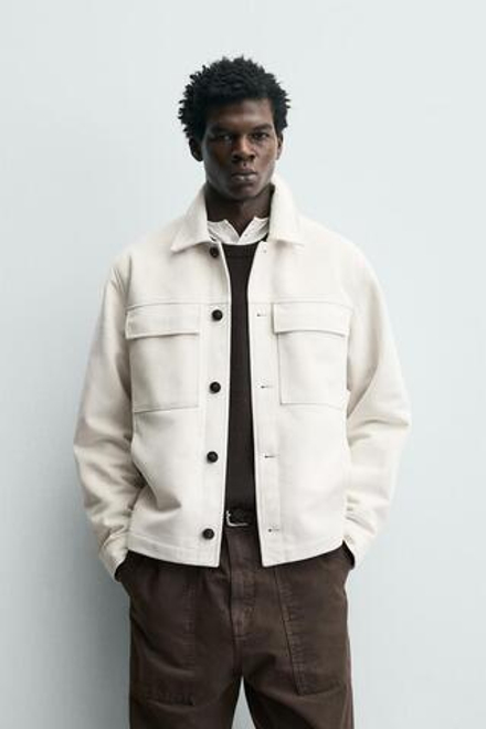 ZARA КУРТКА-РУБАШКА ИЗ ИСКУССТВЕННОЙ ЗАМШИ, ЖЕЛТОВАТО-БЕЛЫЙ