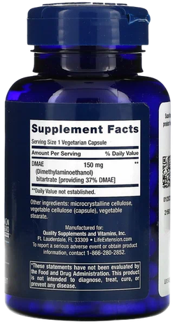 Life Extension DMAE Bitartrate 150 mg 200 veg capsules, ДМАЕ Диметиламиноэтанол