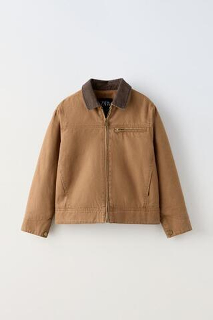 ZARA КУРТКА ИЗ ТКАНИ С ЭФФЕКТОМ ПОТЕРТОСТИ С ВЕЛЬВЕТОВЫМ ВОРОТНИКОМ, ТЕМНЫЙ БЕЖЕВО-КОРИЧНЕВЫЙ
