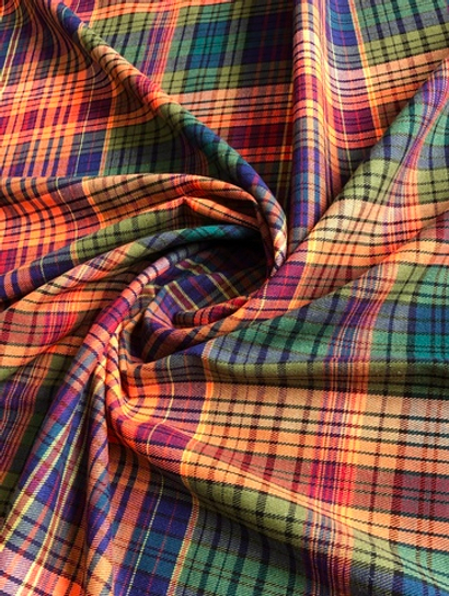 Костюмная принт клетка, оранжевый/зеленый, хлопок, вискоза