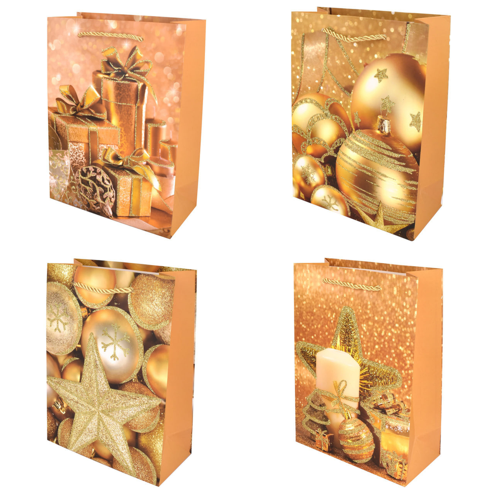 Пакет бумажный подарочный НОВОГОДНЕЕ ЗОЛОТО, размер M 26*32*10 см (комплект 12шт.)