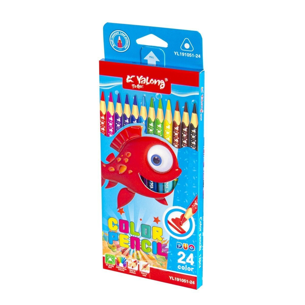 Карандаши цветные двусторонние Yalong 12/24 цв., "Подводный мир" деревянные, трехгранные, заточенные, грифель 3.0 мм, картон. уп., европодвес