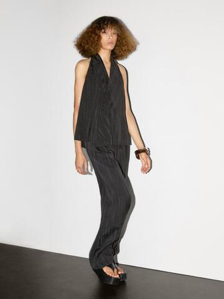 Massimo Dutti Топ с горловиной халтер и принтом в полоску, черный