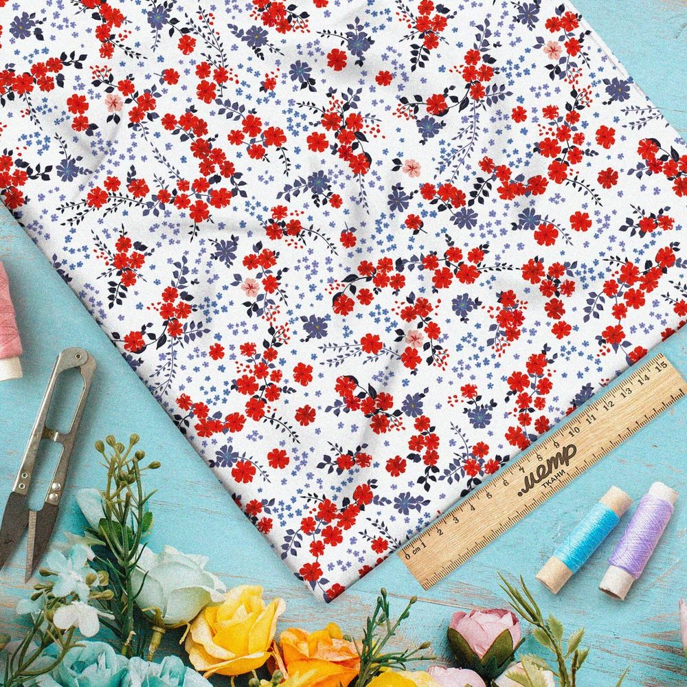 Ткань муслин мелкие красные цветочки