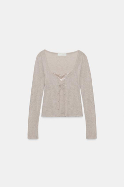 ZARA КАРДИГАН С КОНТРАСТНЫМ КРУЖЕВНЫМ ТОПОМ, ПЕСОЧНЫЙ МЕЛАНЖ