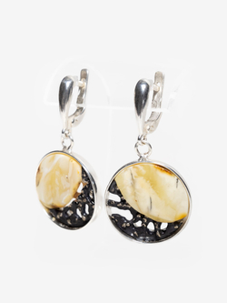 Уникальный серебряный комплект с цельным пейзажным янтарем, серебро 925 пробы