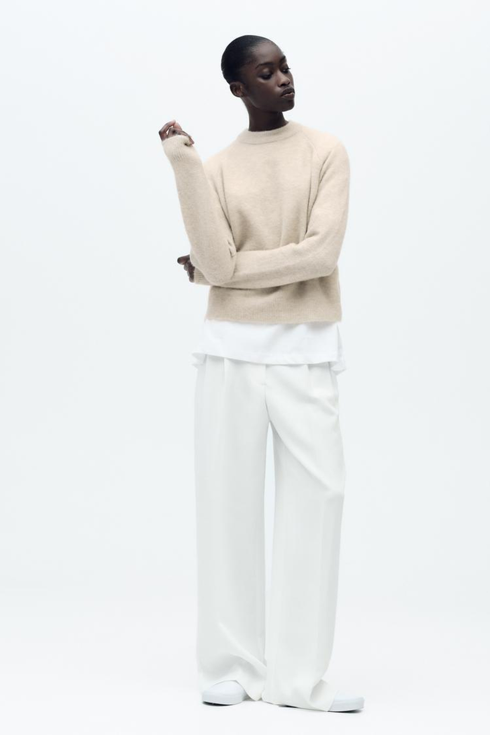 ZARA ОДНОТОННЫЙ СВИТЕР ИЗ ШЕРСТИ И АЛЬПАКИ, ЭКРЮ