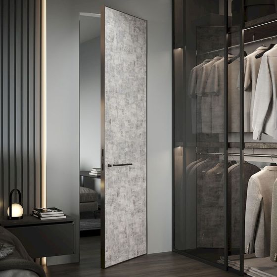 Модель 1AGK кромка серебро алюминиевая панель бетон старый в коробке INVISIBLE в интерьере