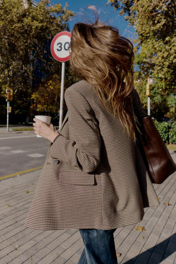 ZARA ДВУБОРТНЫЙ БЛЕЙЗЕР ОВЕРСАЙЗ, КОРИЧНЕВЫЙ/ЭКРЮ