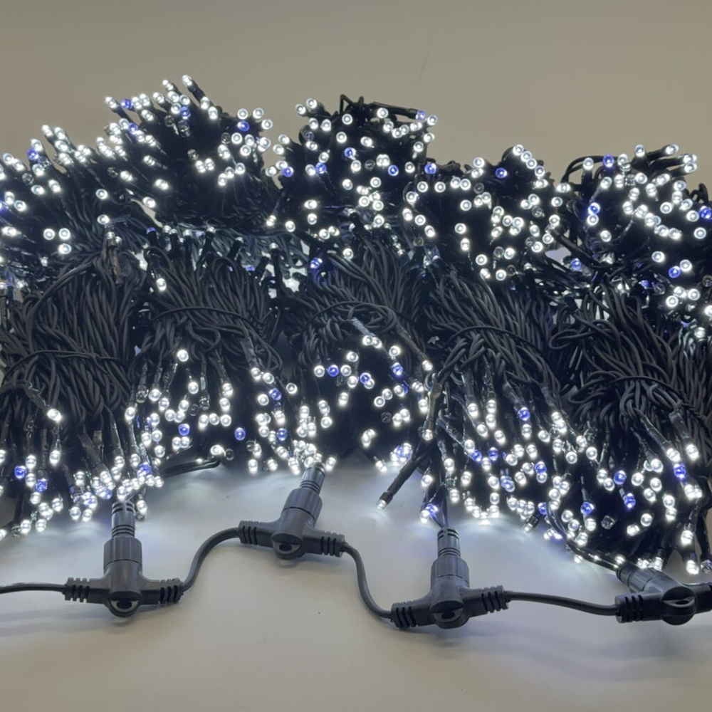 Комплект гирлянды на деревья 100 м., 5 лучей по 20 м., 24V, 1000 холодных-белых LED ламп, с мерцанием белого диода, черный каучук, IP54, LTC (ECO1000BLW-11-1W)