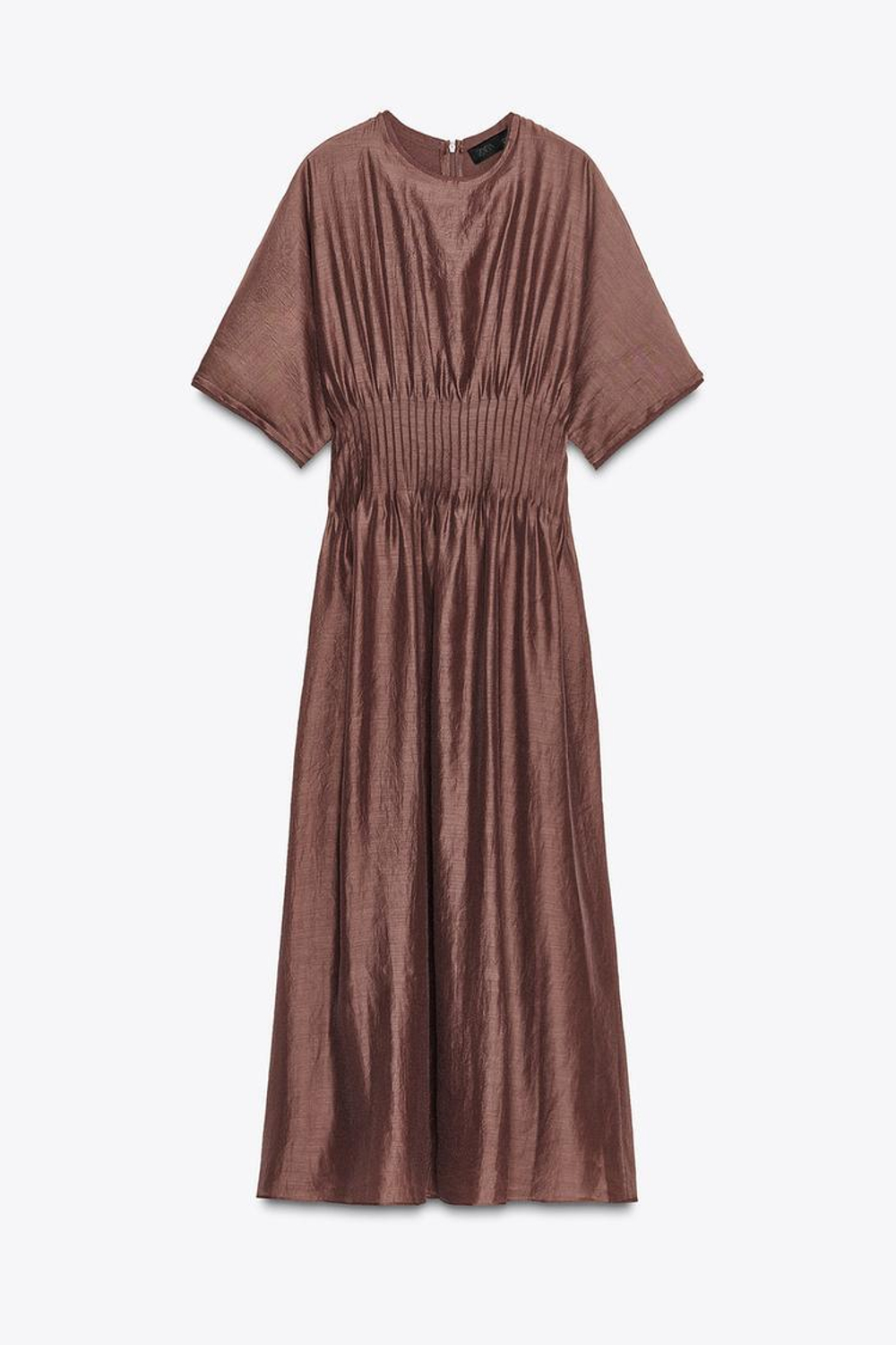 ZARA ТРИКОТАЖНОЕ ПЛАТЬЕ С ПЛИССИРОВАННОЙ ТАЛИЕЙ, КОРИЧНЕВЫЙ