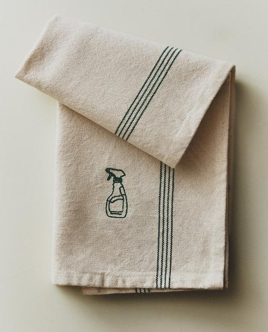 ZARA HOME КУХОННОЕ ПОЛОТЕНЦЕ ИЗ ХЛОПКА С ВЫШИВКОЙ, ЗЕЛЕНЫЙ