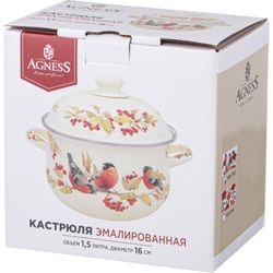 КАСТРЮЛЯ AGNESS ЭМАЛИРОВАННАЯ С ЭМАЛ.КРЫШКОЙ СЕРИЯ "СНЕГИРИ", 1.5 Л, 16*10 СМ