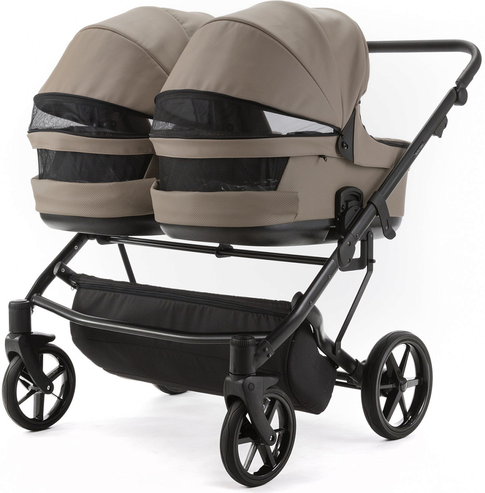 Детская коляска для двойни Adamex Leo Duo Deluxe 3 в 1 DUO-SA9 (Т.БЕЖЕВАЯ КОЖА)