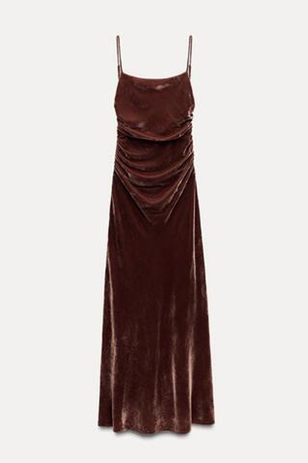 ZARA ПЛАТЬЕ МИДИ СО СБОРКАМИ И БАРХАТНЫМИ БРЕТЕЛЯМИ, КОРИЧНЕВЫЙ