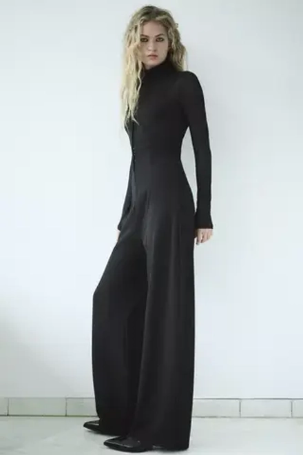 ZARA КОМБИНЕЗОН ДЛИННЫЙ НА БРЕТЕЛЯХ, ЧЕРНЫЙ