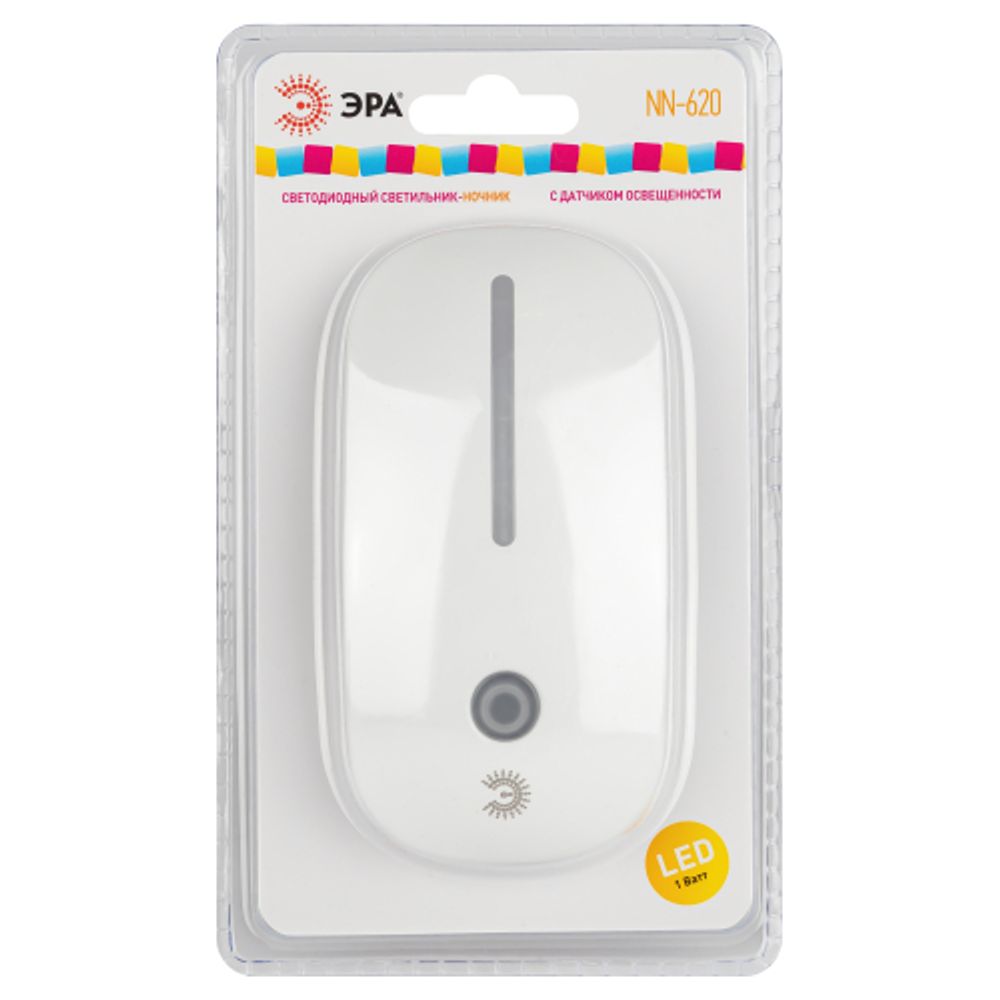 Ночник - светильник светодиодный ЭРА NN-620-LS-W в розетку с датчиком освещенности белый