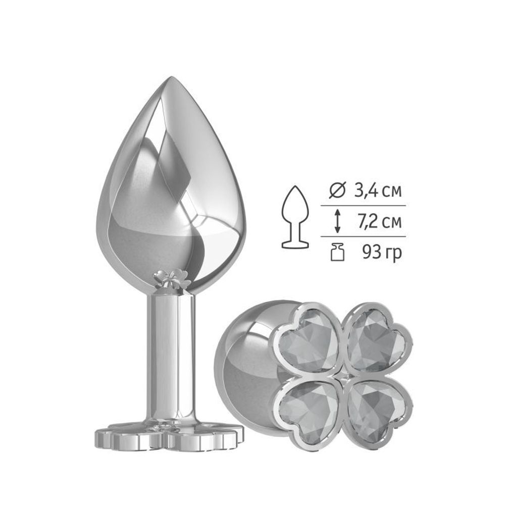 529-01 WHITE-DD / Средняя анальная втулка Silver Клевер с прозрачным кристаллом