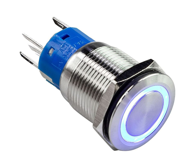 Кнопка без фиксации, подсветка синяя, 12 В,