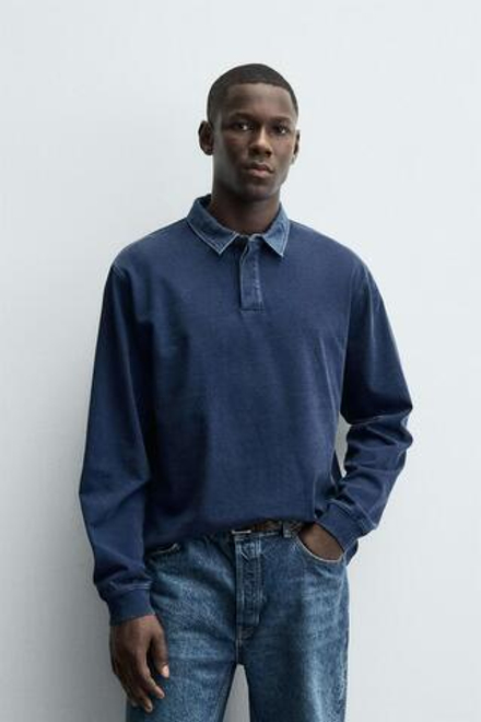ZARA ТОЛСТОВКА-ПОЛО С КОНТРАСТНЫМ ВОРОТНИКОМ, СИНИЙ/ИНДИГО