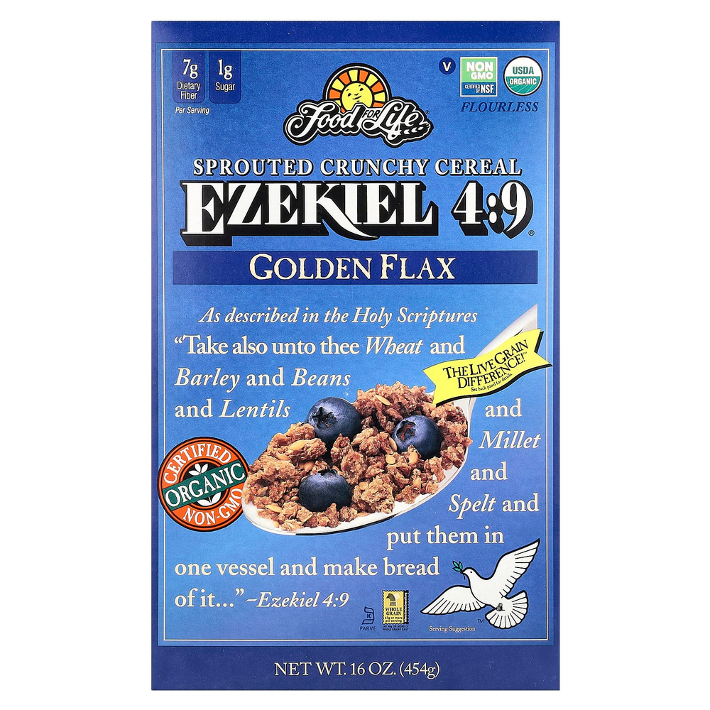 Food For Life, Иезекииль 4: 9, хрустящие каши из ростков, золотой лен, 454 г (16 унций)