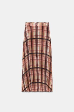 ZARA ЮБКА МИДИ В КЛЕТКУ С ЭФФЕКТОМ ЖАТКИ, КОРИЧНЕВЫЙ/ЭКРЮ