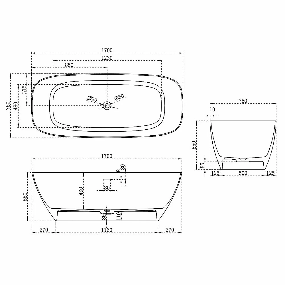 Ванна из искусственного камня Vincea VBT-6S02MW 170x75 белая матовая