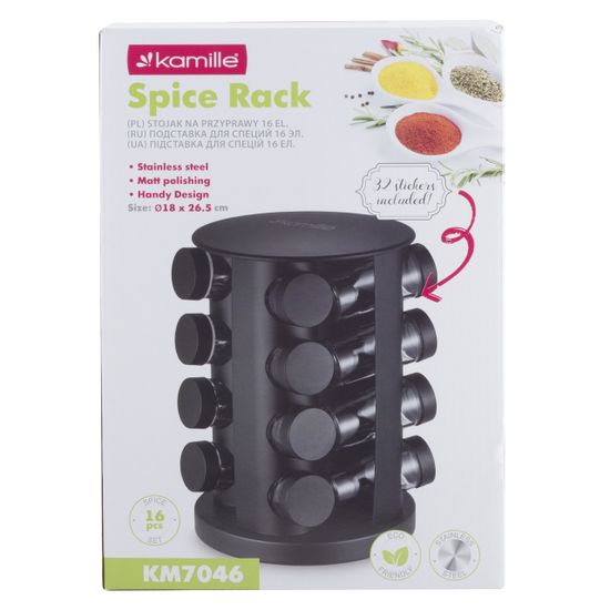 Набор ёмкостей для специй 16 шт. Kamille КМ-7046 на круглой черной подставке из нержавеющей стали