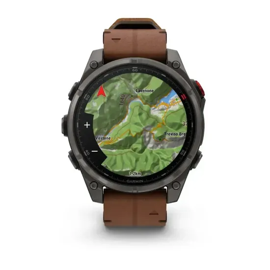 Смарт-часы Garmin Fenix 8 Pro AMOLED (51 мм) Sapphire карбоново-серый DLC титан с каштановым кожаным ремешком 010-03199-40