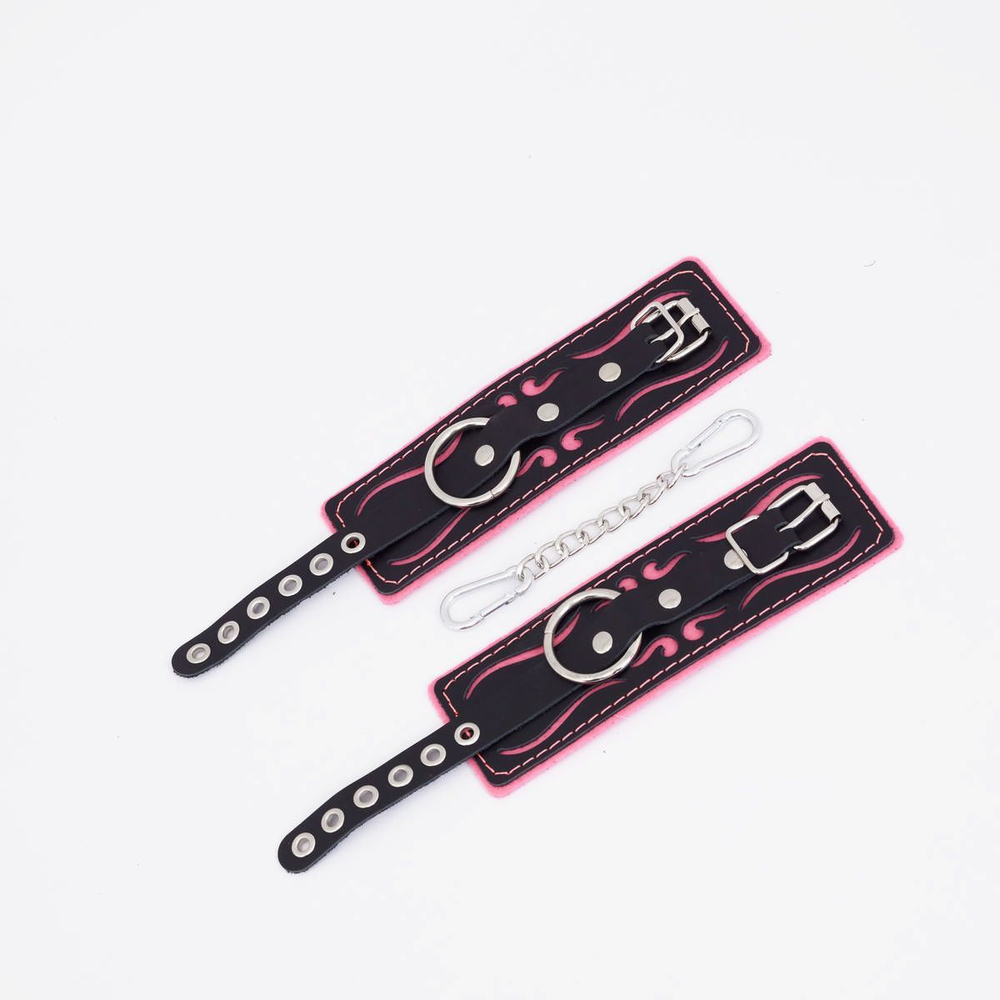 Наручники Crazy Handmade кожаные черно-розовые с розовой строчкой