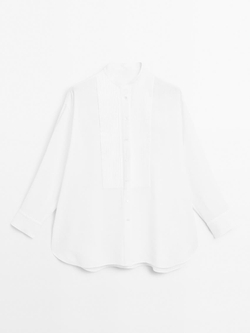 Massimo Dutti Рубашка из смесового льна с тонкими защипами, белый