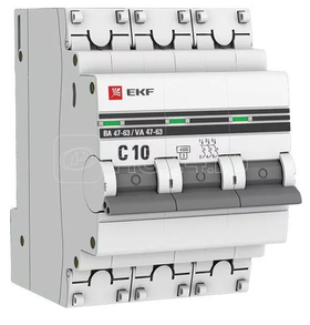 Автоматический выключатель ВА 47-63, 3P 10А (C) 4,5kA EKF PROxima mcb4763-3-10C-pro