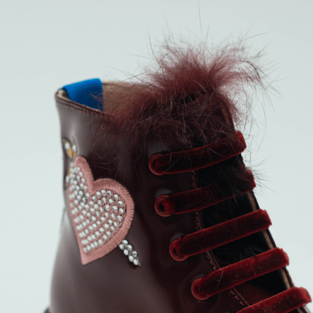 Ботинки демисезонные FLORENS Бордовый/Вышивка: сердечко, звезда/Мех на язычке (Девочка)
