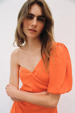 ZARA АТЛАСНОЕ ПЛАТЬЕ МИДИ АСИММЕТРИЧНОГО КРОЯ, ОРАНЖЕВЫЙ