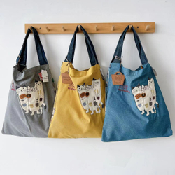 Сумка-шоппер большая с 2 отсеками на кнопке-магните, "NEKOMARUKE", синий, 23-6520-3, KUSUGURU