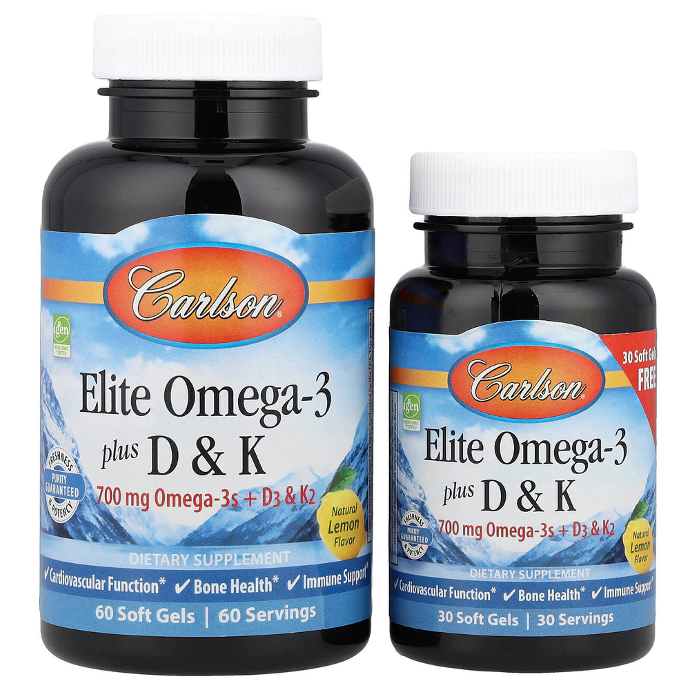 Carlson, Elite Omega-3 с витаминами D и K, натуральный лимон, 90 капсул