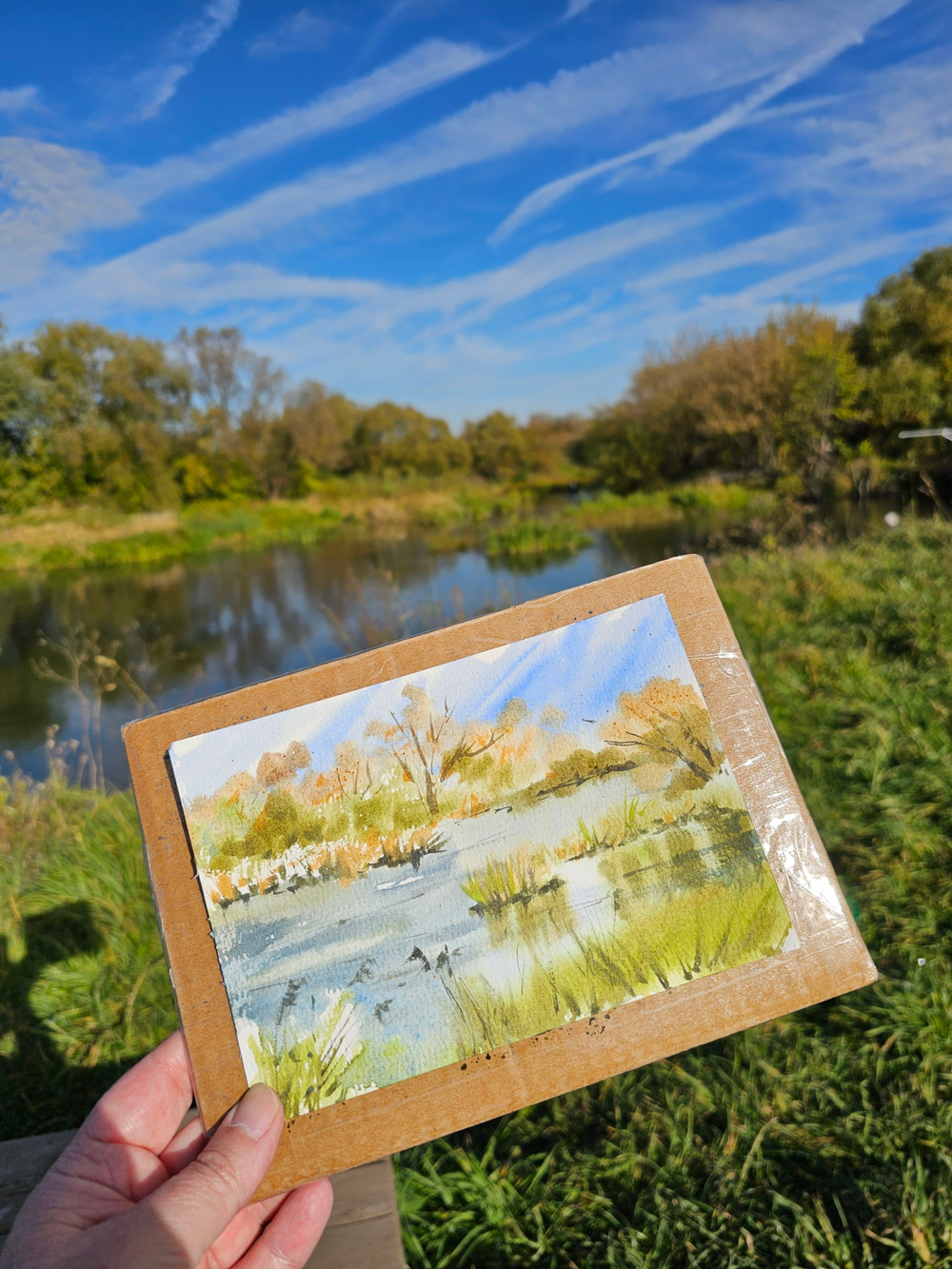 Картина авторская акварельная в паспарту 21х30 см на стену для интерьера "Река Осетр"