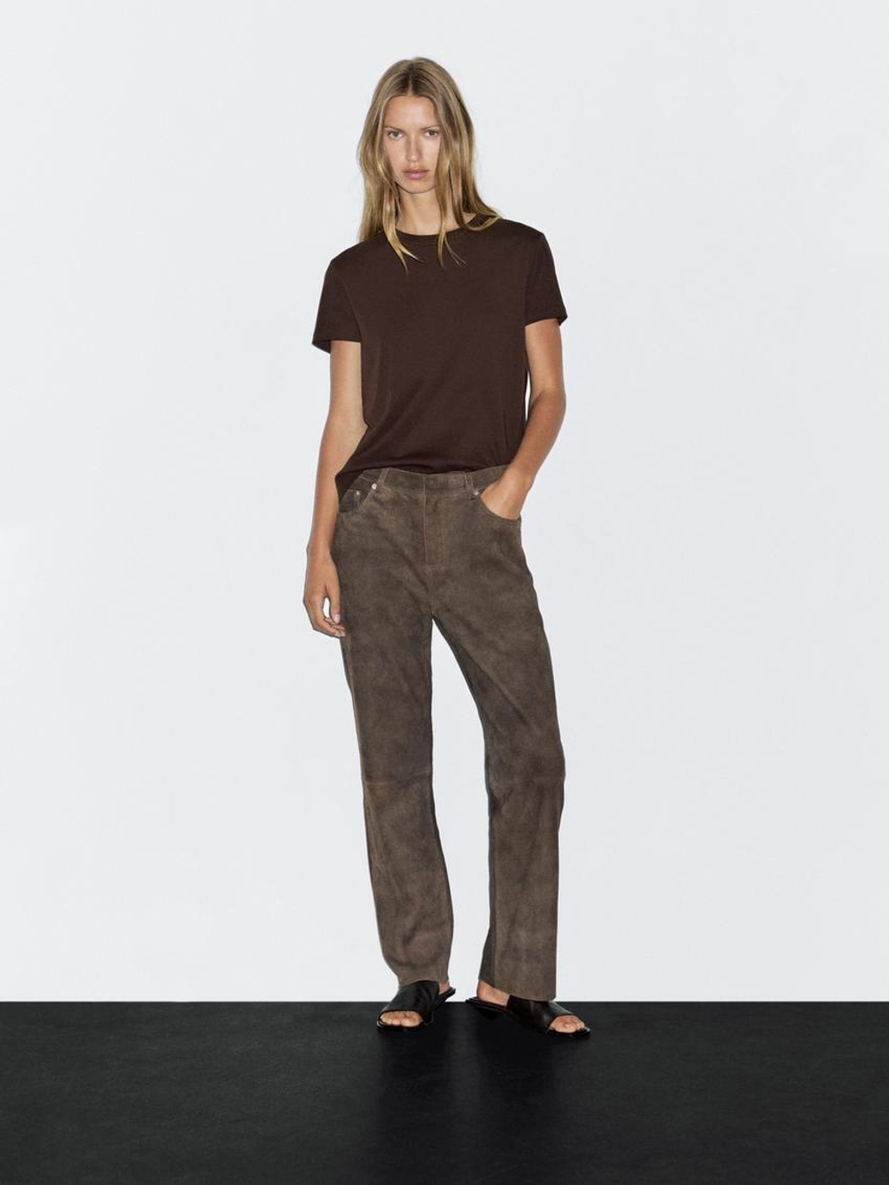 Massimo Dutti Футболка из плотного хлопка с декоративными швами, коричневый