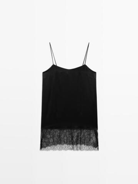 Massimo Dutti Топ в бельевом стиле с кружевом, черный