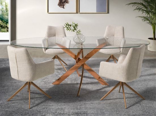 Овальный обеденный стол 1169-Ø200x95 из закаленного стекла и розовой стали