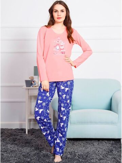 Женская пижама в новогоднем стиле с синими брючками (Размер: S) (Цвет: персиковый)