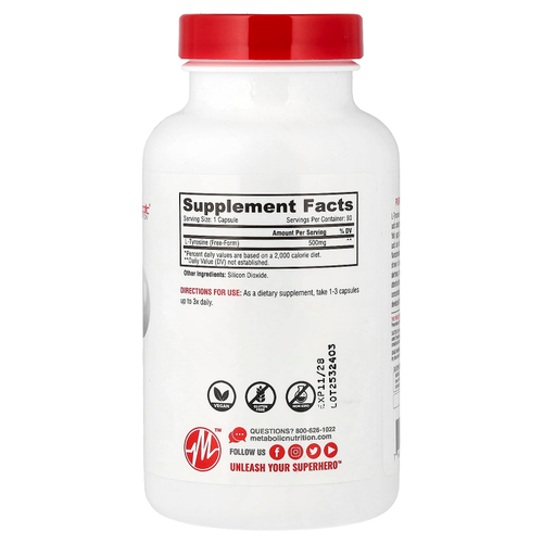 Metabolic Nutrition, L-тирозин, 90 мг, 500 вегетарианских капсул (500 мг в 1 капсуле)